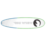 AOUA INO skateboard met zwart logo en groene, witte en blauwe rand.