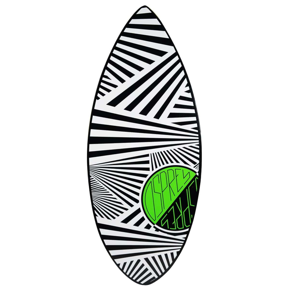 Kunststof surfplank met zwart-wit geometrisch patroon en groene logo.