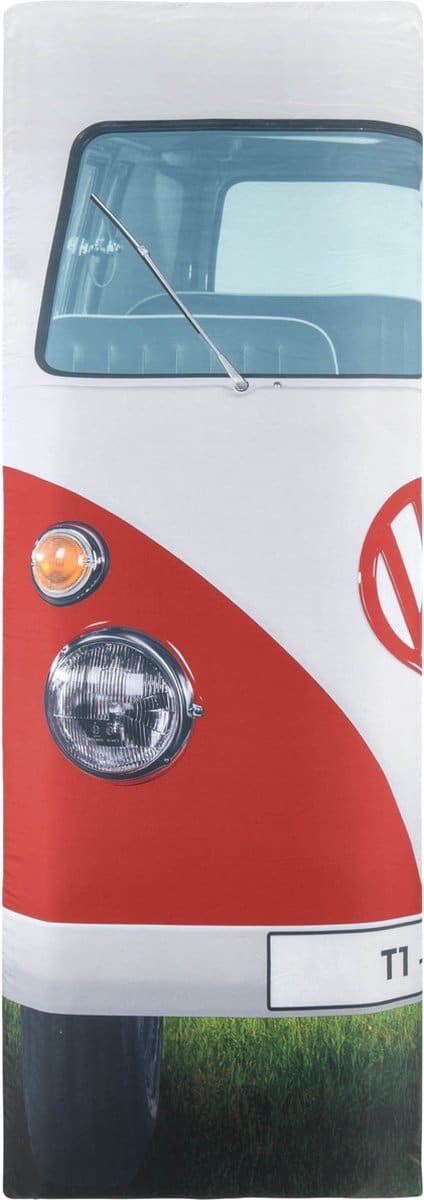 Colourful VW beetle with large windscreen and striking red and white design.