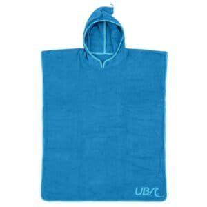 Hooded sleeping bag with bare arms, blue colour, ideal for outdoor activities.