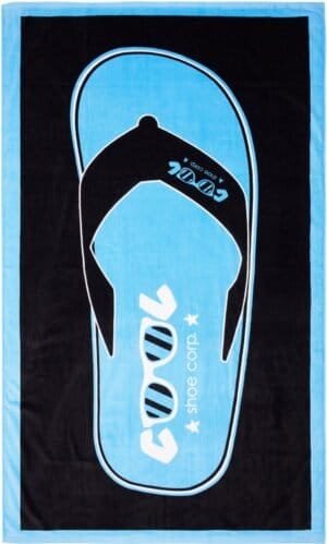Shoe with black and blue design and the word "Cool" in white letters.