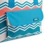 Kleurrijke strandtas met blauwe en witte zigzag patronen, praktische opbergvakken en Yello label.