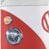 Small van with headlights and grass on the ground, decorative and playful design.
