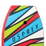 Kleurrijke Osprey skateboard met geometrisch ontwerp en logo.