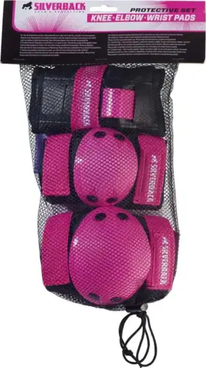 Silverbach Knie-Elbow-Wrist Protectors, roze en zwart, ideale bescherming voor skaten en fietsen.