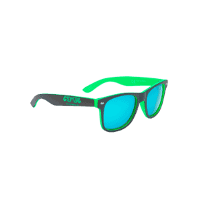 Geschilderde zonnebril in zwart, groen en blauwe spiegelglazen voor buitenactiviteiten.
