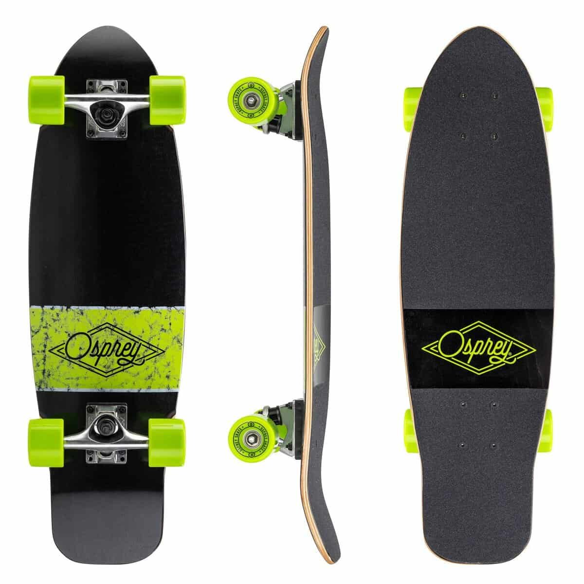 Skateboard met zwarte deck en neon gele wielen, perfect voor buitenplezier.