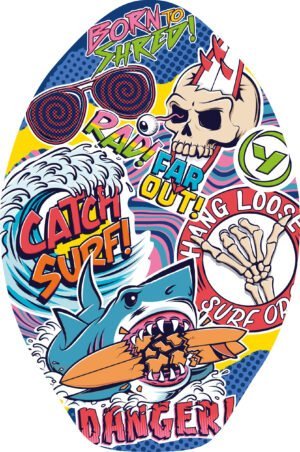 Vrolijk skateboard en surf plaatje met comics stijl en teksten zoals "Born to Shred" en "Catch Surf".