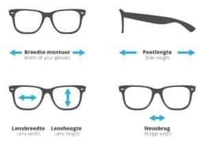 Kleine zwarte bril met duidelijke uitleg over breedte, lenshoogte, pootlengte en brugbreedte voor optimale pasvorm.