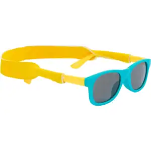 Kleurrijke kindersonnenbril met gele band en blauwe frame, geschikt voor buitenplezier.