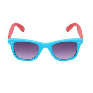 Leuke kinderzonnebril met blauwe voorkant en roze oren, ideaal voor buitenplezier.