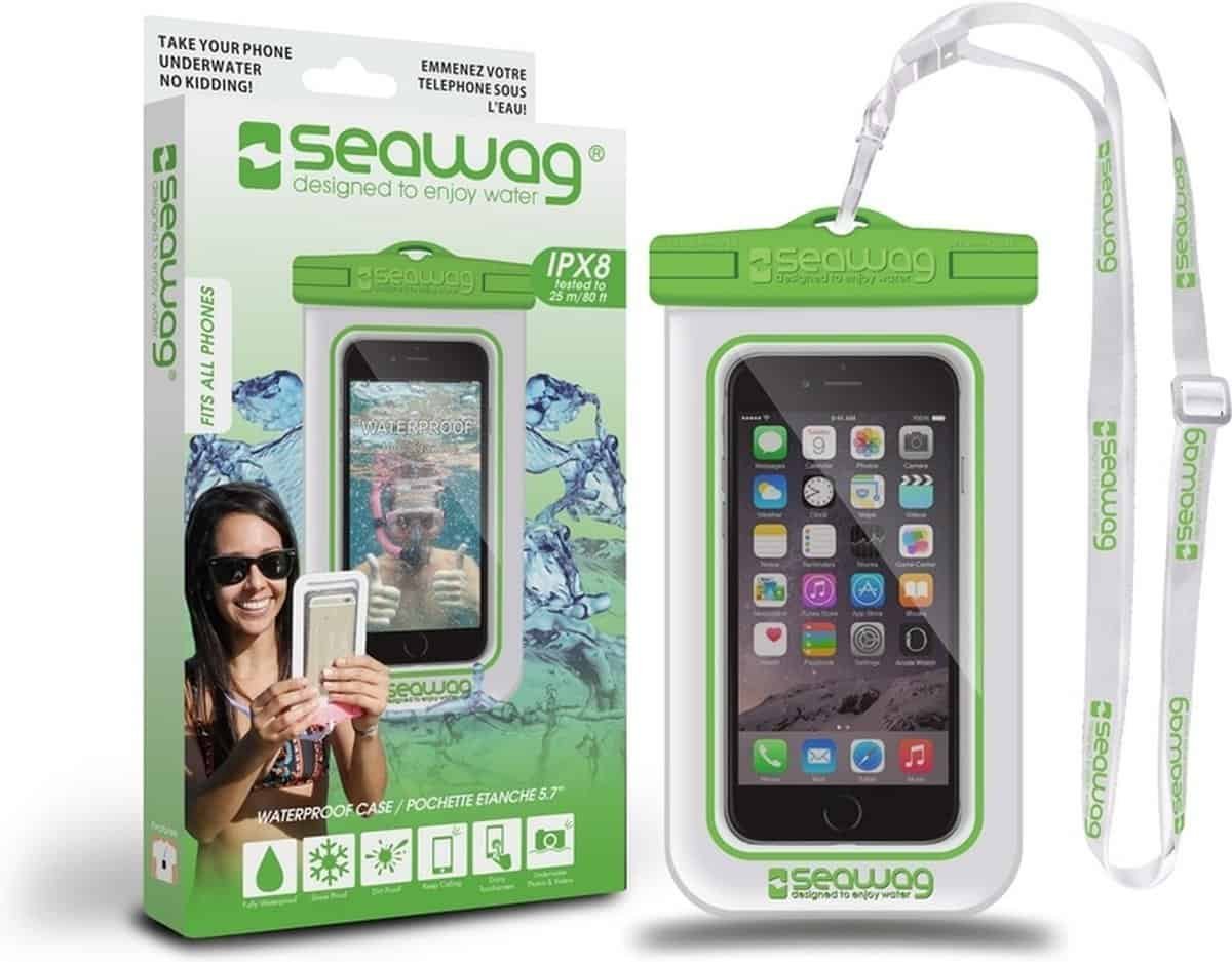 Waterdichte smartphone hoesje in groene en witte kleuren voor buitengebruik.