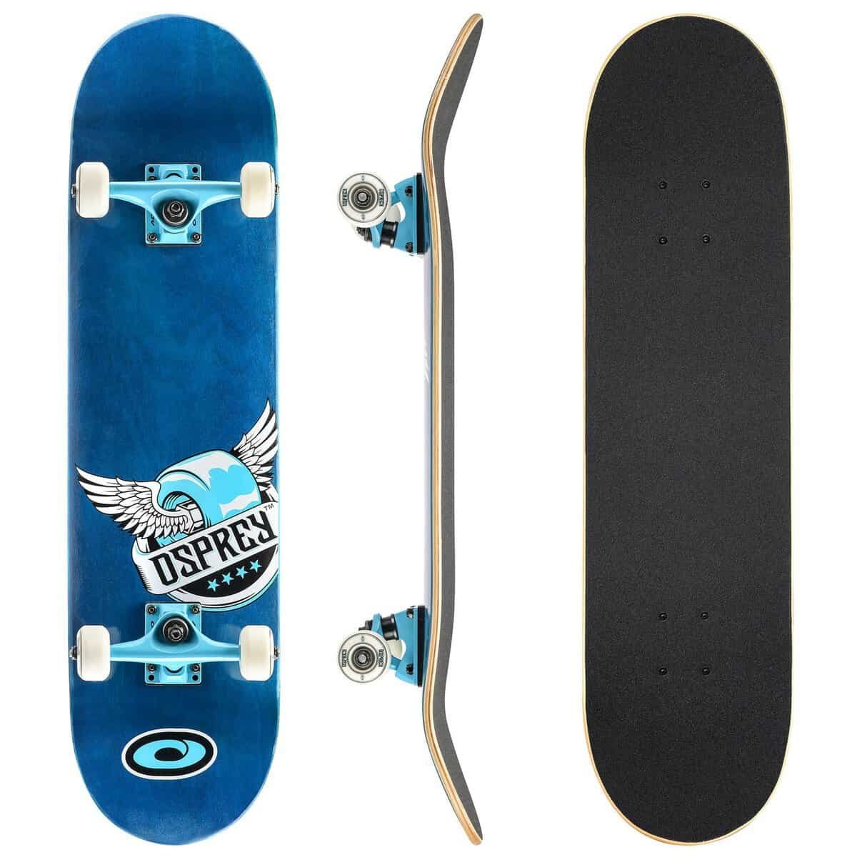 Blue skateboard with wing design and white wheels, shown from top, side, and bottom view.