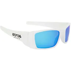Rode zonnebril met blauwe lens, sportieve UV-protectie, ideaal voor buitenactiviteiten.