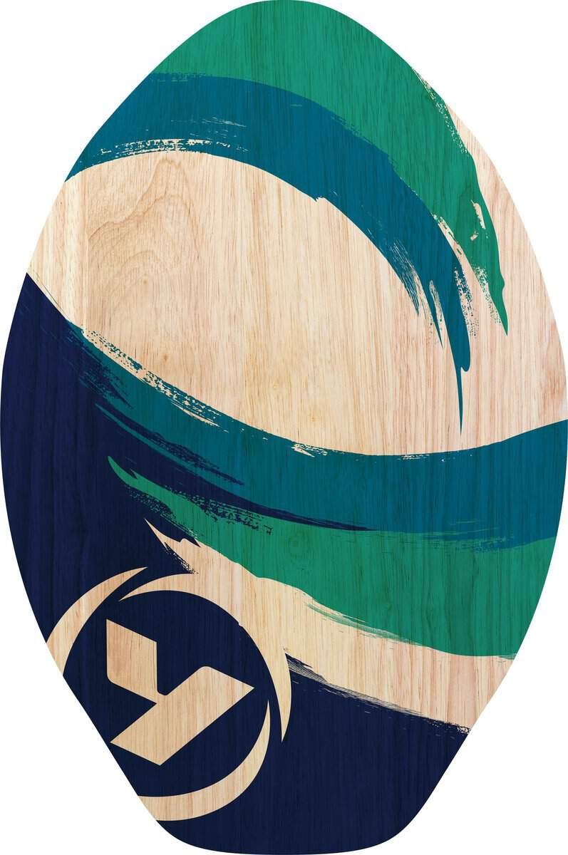 Kunststof skateboard met blauw, groen en natuurlijke houtprint, geschikt voor buitenplezier.