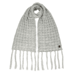 Knitted grey scarf with fringe, warm winter accessory for outdoor activities.
