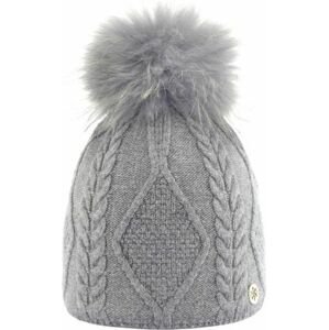Grijze gebreide wintermuts met kabelpatroon en pompon.
