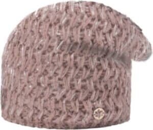 Warm gebreide muts in rozetinten, perfect voor outdoor activiteiten.