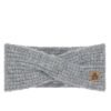 Warm grijze skibril met gebreide stof en leren label.