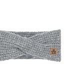Warm grijze skibril met gebreide stof en leren label.
