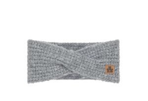 Warm grijze skibril met gebreide stof en leren label.