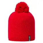 Warm rode gebreide wintermuts met pompon, perfecte accessoires voor buitenactiviteiten.