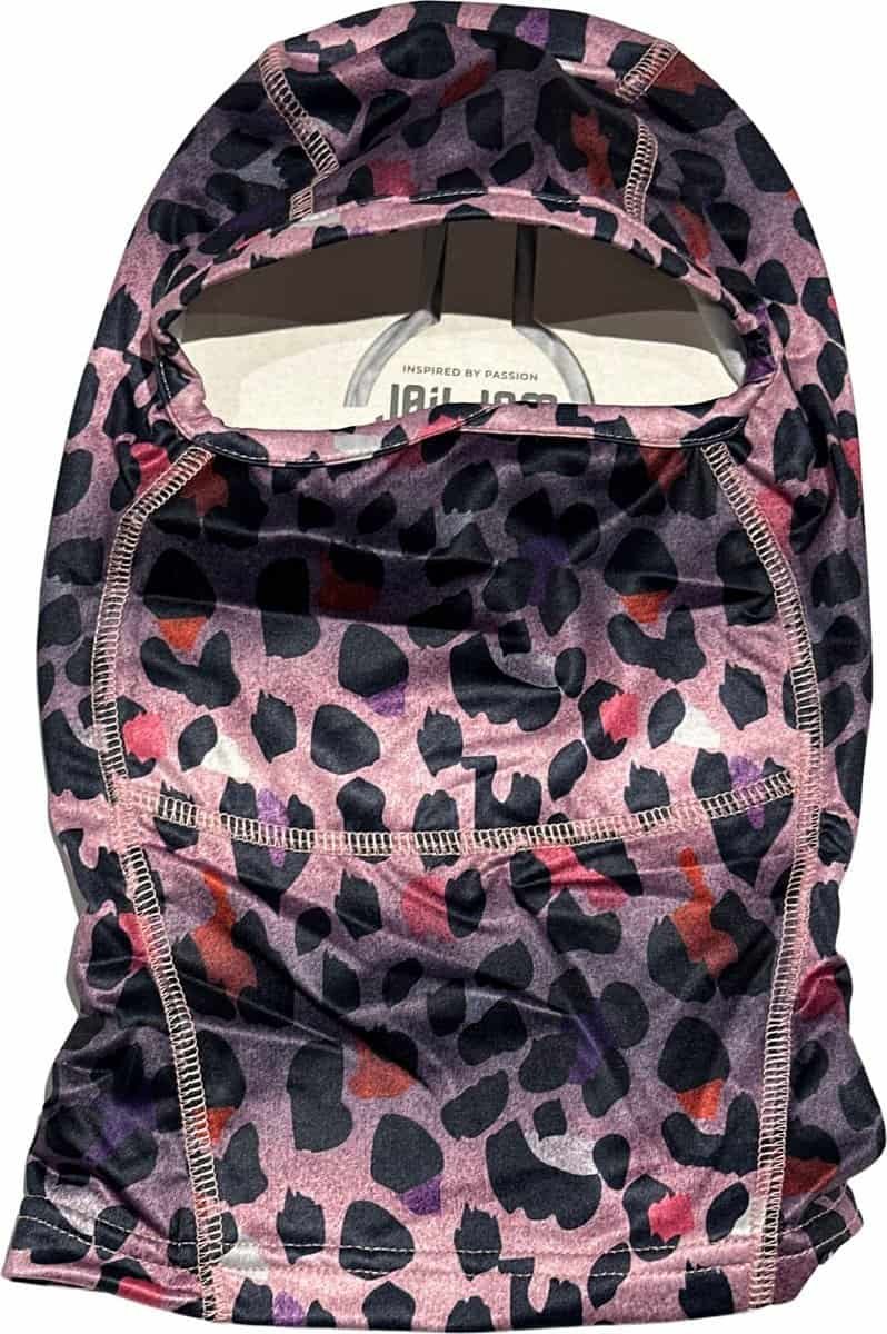 Leopard print fleece hooded neck warmer, multifunctional outdoor accessory.