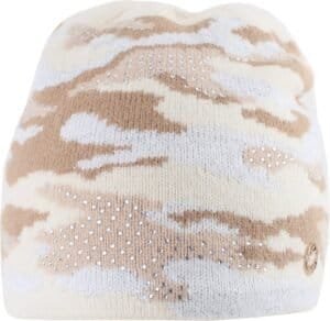 Gebreide muts met beige, wit en diamantpatronen en strass details voor stijlvolle buitenmode.