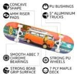 Klassieke skateboard met gedetailleerde specificaties en kleurrijk ontwerp voor buitenplezier.