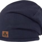 Warm navy beanie hat with JL JUIL JAM leather patch for outdoor winter sports and casual wear.
