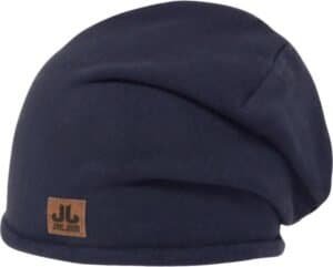 Warm navy beanie hat with JL JUIL JAM leather patch for outdoor winter sports and casual wear.