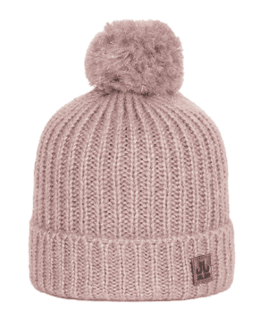 Knitted pink beanie met pompom voor outdoor plezier.