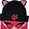 Muts met kattenoortjes, roze en zwart met kattensnoet en oogmotief.