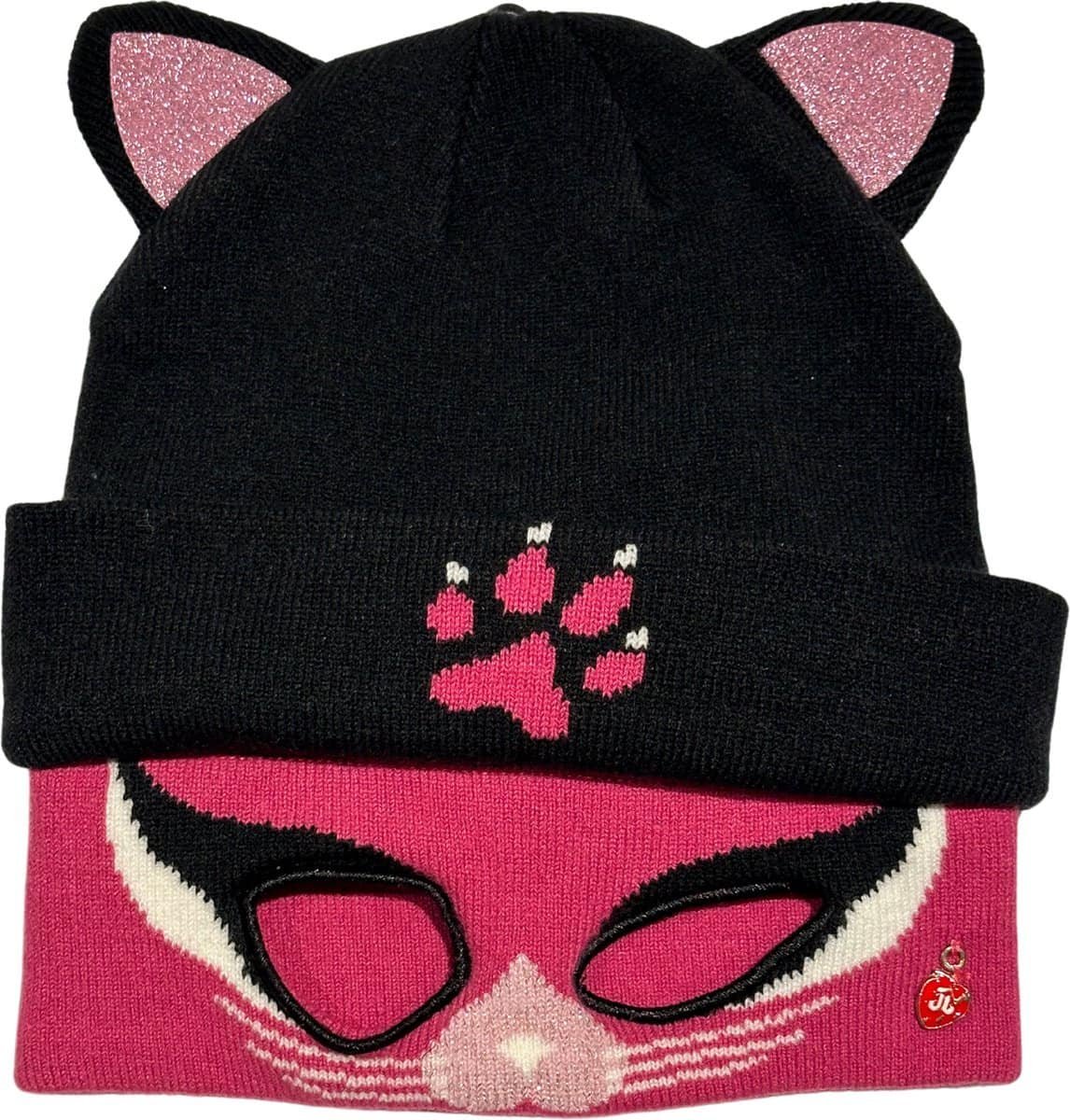 Muts met kattenoortjes, roze en zwart met kattensnoet en oogmotief.