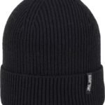 Warm zwarte ribbenmuts voor buiten, ideaal voor herfst en winter.