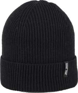 Warm zwarte ribbenmuts voor buiten, ideaal voor herfst en winter.