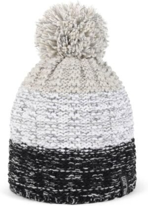 Klein wieg met pompon in grijs, wit en zwart, ideaal voor warme hoofdverlichting.