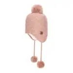 Warm roze wollen meisjesmuts met oorklep en pompons.