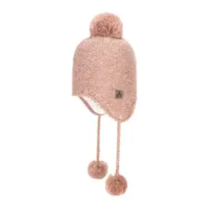 Warm roze wollen meisjesmuts met oorklep en pompons.