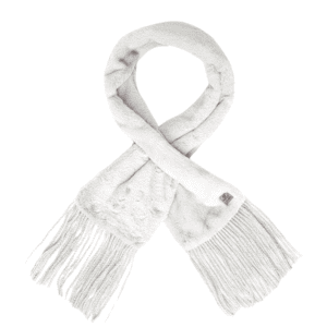 Kledingaccessoire: witte fleece sjaal met franjes, comfortabel en warm voor buitengebruik.