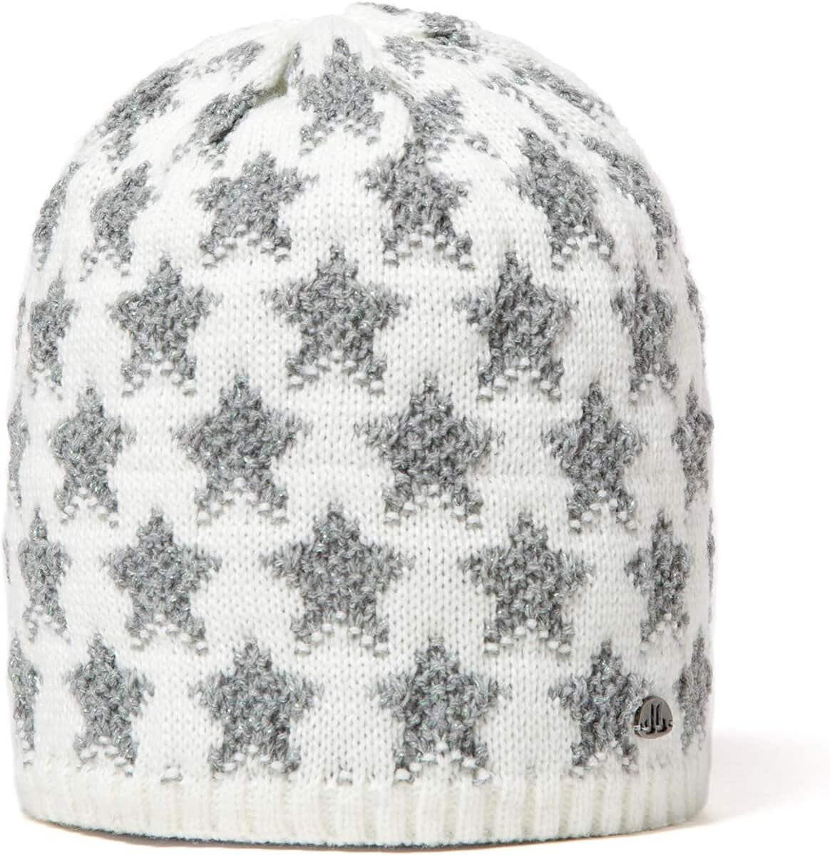 Warm witte en grijze gebreide muts met geblokt patroon voor outdoor use.