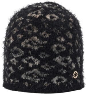 Warm gewatteerde gebreide muts met snowflake patroon en cozy uitstraling.