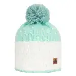 Knitted winter beanie with pom-pom in mint green and white colors, perfect for outdoor winter activities.