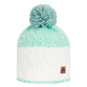 Knitted winter beanie with pom-pom in mint green and white colors, perfect for outdoor winter activities.