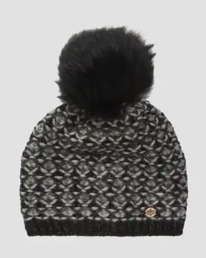 - Warmdeken met zwart bontkraag en grijs zwart gebreide muts met pompon.