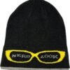 Donkere vrijetheidsbeanie met gele 'nerd look' tekstprint.