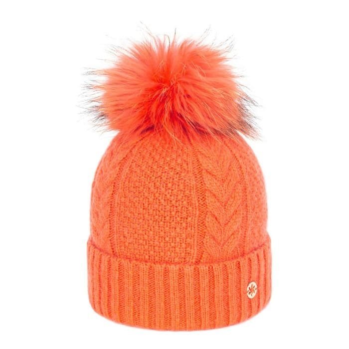 Warme oranje gebreide muts met pompon, ideaal voor winterse coldweather Dames en heren.