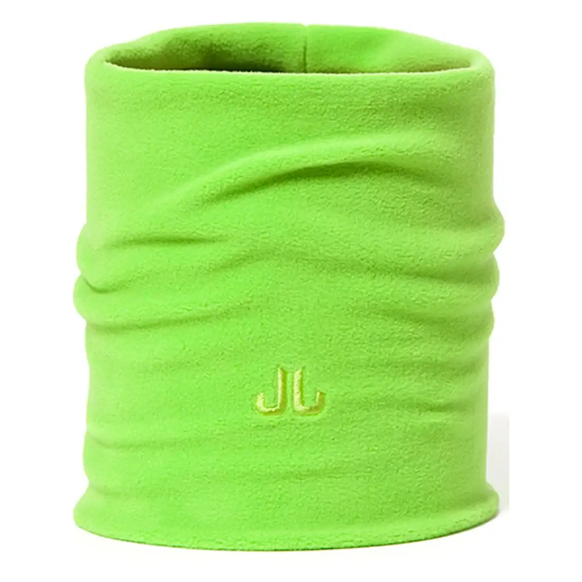 Kleine groene fleece nekwarmer met gestikte JL logo, ideaal voor buitenactiviteiten.