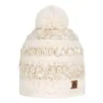 Warm wit gebreide gebreide muts met pompon voor winter en koude dagen in naturel kleur.
