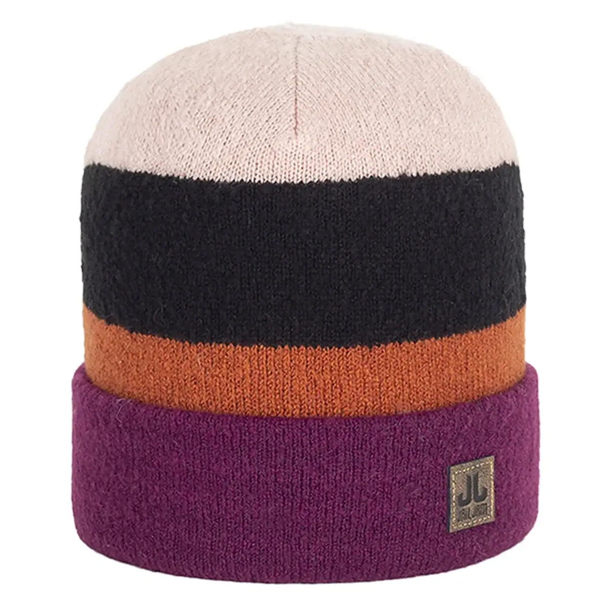 Kleurige gebreide muts met strepen in roze, oranje, zwart en beige.